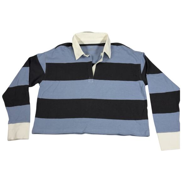 Aerie Rugby Polo Cropped Boxy Oversized Distressed Collar Blue Striped XS NEW - Picture 1 of 11
